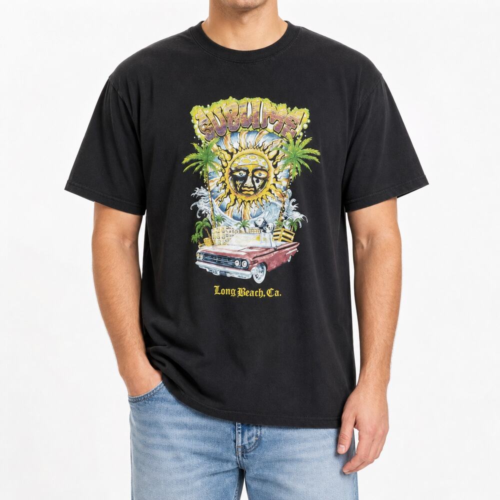 Sublime T-Shirt Mens Large Black Palm Tree Long Beach Crew Neck Pullover Tee